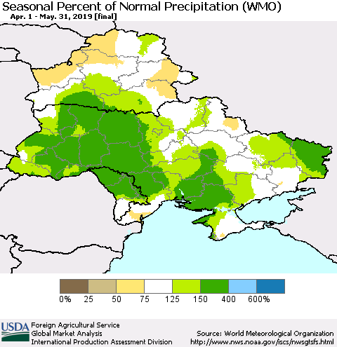 Ukraine, Moldova and Belarus Seasonal Percent of Normal Precipitation (WMO) Thematic Map For 4/1/2019 - 5/31/2019