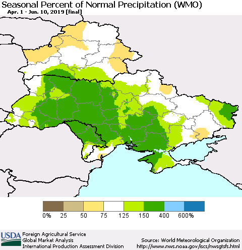 Ukraine, Moldova and Belarus Seasonal Percent of Normal Precipitation (WMO) Thematic Map For 4/1/2019 - 6/10/2019