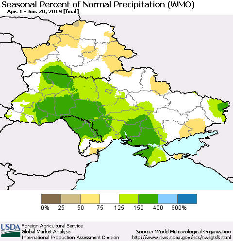 Ukraine, Moldova and Belarus Seasonal Percent of Normal Precipitation (WMO) Thematic Map For 4/1/2019 - 6/20/2019