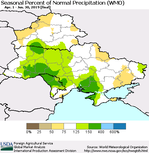 Ukraine, Moldova and Belarus Seasonal Percent of Normal Precipitation (WMO) Thematic Map For 4/1/2019 - 6/30/2019