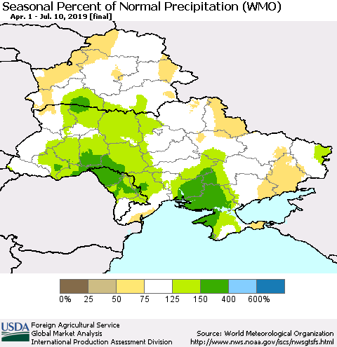 Ukraine, Moldova and Belarus Seasonal Percent of Normal Precipitation (WMO) Thematic Map For 4/1/2019 - 7/10/2019