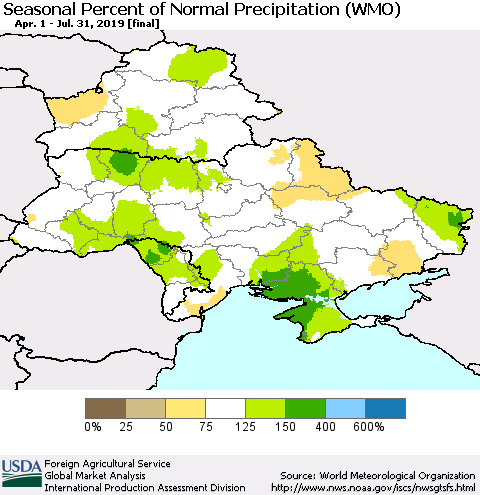 Ukraine, Moldova and Belarus Seasonal Percent of Normal Precipitation (WMO) Thematic Map For 4/1/2019 - 7/31/2019