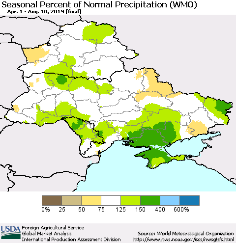 Ukraine, Moldova and Belarus Seasonal Percent of Normal Precipitation (WMO) Thematic Map For 4/1/2019 - 8/10/2019