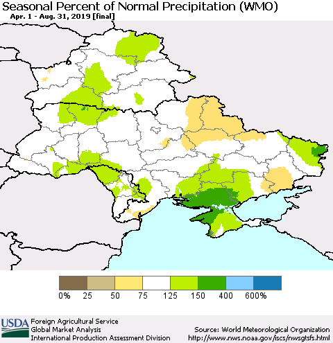 Ukraine, Moldova and Belarus Seasonal Percent of Normal Precipitation (WMO) Thematic Map For 4/1/2019 - 8/31/2019