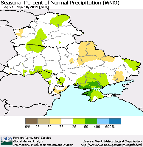 Ukraine, Moldova and Belarus Seasonal Percent of Normal Precipitation (WMO) Thematic Map For 4/1/2019 - 9/10/2019