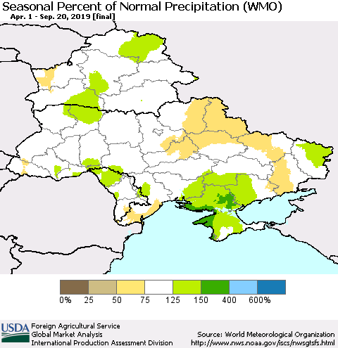 Ukraine, Moldova and Belarus Seasonal Percent of Normal Precipitation (WMO) Thematic Map For 4/1/2019 - 9/20/2019