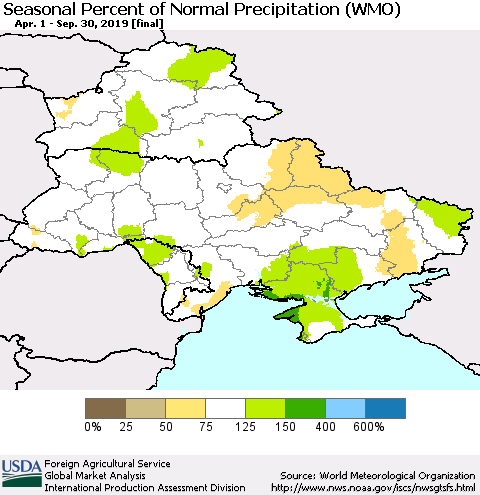 Ukraine, Moldova and Belarus Seasonal Percent of Normal Precipitation (WMO) Thematic Map For 4/1/2019 - 9/30/2019