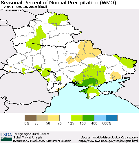 Ukraine, Moldova and Belarus Seasonal Percent of Normal Precipitation (WMO) Thematic Map For 4/1/2019 - 10/10/2019