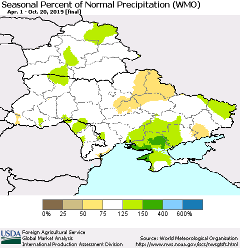 Ukraine, Moldova and Belarus Seasonal Percent of Normal Precipitation (WMO) Thematic Map For 4/1/2019 - 10/20/2019