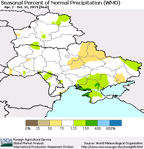 Ukraine, Moldova and Belarus Seasonal Percent of Normal Precipitation (WMO) Thematic Map For 4/1/2019 - 10/31/2019