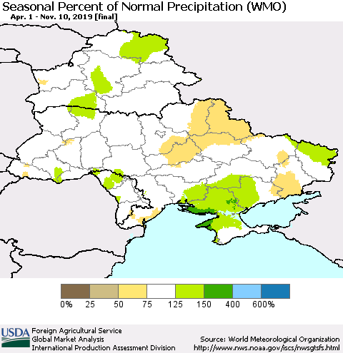 Ukraine, Moldova and Belarus Seasonal Percent of Normal Precipitation (WMO) Thematic Map For 4/1/2019 - 11/10/2019