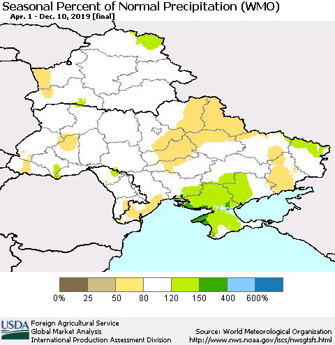 Ukraine, Moldova and Belarus Seasonal Percent of Normal Precipitation (WMO) Thematic Map For 4/1/2019 - 12/10/2019