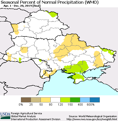 Ukraine, Moldova and Belarus Seasonal Percent of Normal Precipitation (WMO) Thematic Map For 4/1/2019 - 12/20/2019