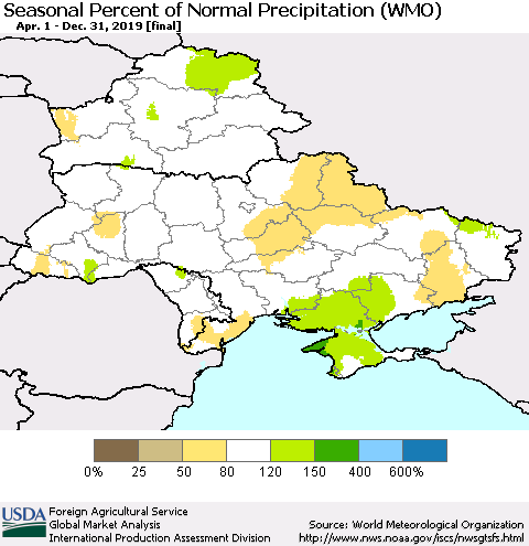 Ukraine, Moldova and Belarus Seasonal Percent of Normal Precipitation (WMO) Thematic Map For 4/1/2019 - 12/31/2019