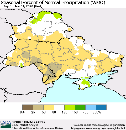 Ukraine, Moldova and Belarus Seasonal Percent of Normal Precipitation (WMO) Thematic Map For 9/1/2019 - 1/31/2020