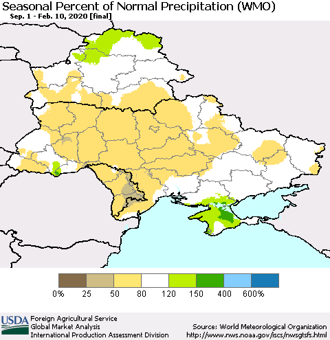 Ukraine, Moldova and Belarus Seasonal Percent of Normal Precipitation (WMO) Thematic Map For 9/1/2019 - 2/10/2020