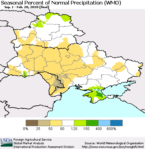 Ukraine, Moldova and Belarus Seasonal Percent of Normal Precipitation (WMO) Thematic Map For 9/1/2019 - 2/20/2020