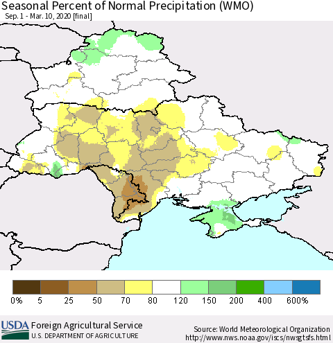 Ukraine, Moldova and Belarus Seasonal Percent of Normal Precipitation (WMO) Thematic Map For 9/1/2019 - 3/10/2020