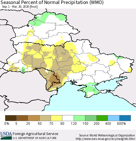 Ukraine, Moldova and Belarus Seasonal Percent of Normal Precipitation (WMO) Thematic Map For 9/1/2019 - 3/20/2020