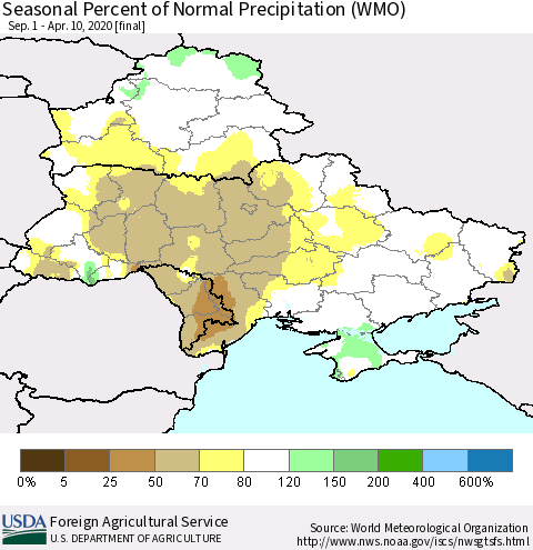 Ukraine, Moldova and Belarus Seasonal Percent of Normal Precipitation (WMO) Thematic Map For 9/1/2019 - 4/10/2020