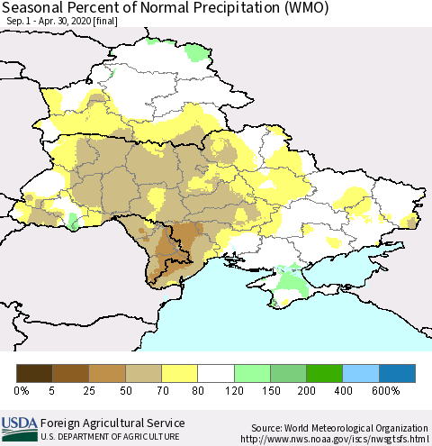 Ukraine, Moldova and Belarus Seasonal Percent of Normal Precipitation (WMO) Thematic Map For 9/1/2019 - 4/30/2020