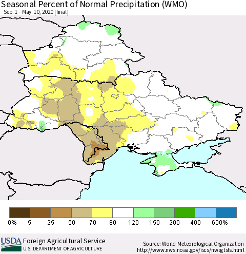Ukraine, Moldova and Belarus Seasonal Percent of Normal Precipitation (WMO) Thematic Map For 9/1/2019 - 5/10/2020
