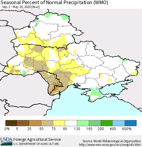 Ukraine, Moldova and Belarus Seasonal Percent of Normal Precipitation (WMO) Thematic Map For 9/1/2019 - 5/20/2020