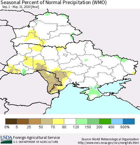 Ukraine, Moldova and Belarus Seasonal Percent of Normal Precipitation (WMO) Thematic Map For 9/1/2019 - 5/31/2020