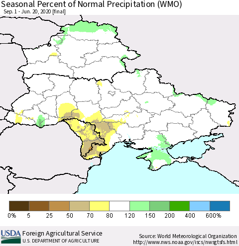Ukraine, Moldova and Belarus Seasonal Percent of Normal Precipitation (WMO) Thematic Map For 9/1/2019 - 6/20/2020