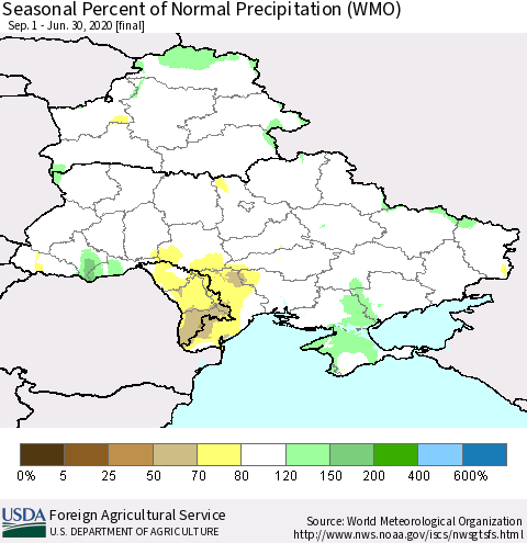 Ukraine, Moldova and Belarus Seasonal Percent of Normal Precipitation (WMO) Thematic Map For 9/1/2019 - 6/30/2020