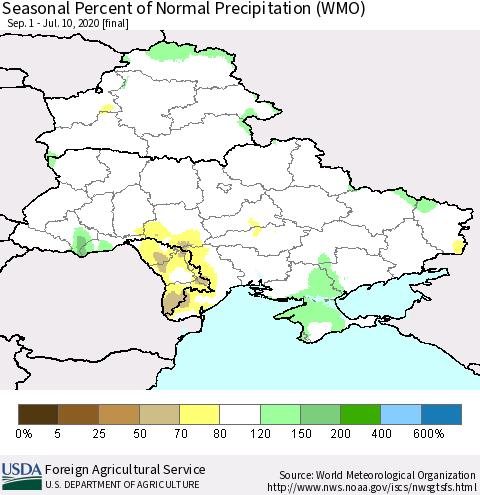 Ukraine, Moldova and Belarus Seasonal Percent of Normal Precipitation (WMO) Thematic Map For 9/1/2019 - 7/10/2020