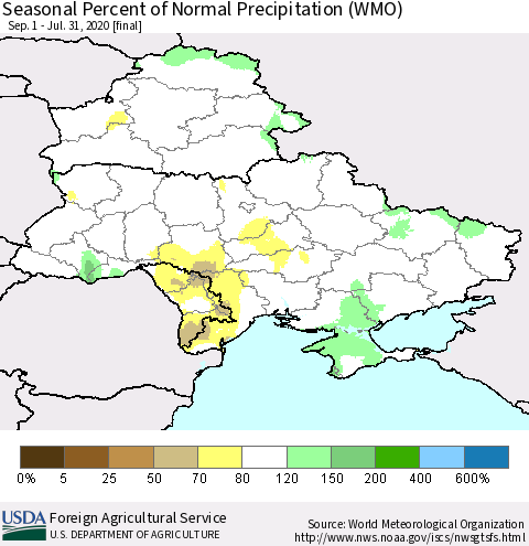 Ukraine, Moldova and Belarus Seasonal Percent of Normal Precipitation (WMO) Thematic Map For 9/1/2019 - 7/31/2020