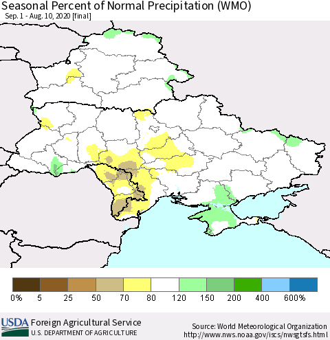 Ukraine, Moldova and Belarus Seasonal Percent of Normal Precipitation (WMO) Thematic Map For 9/1/2019 - 8/10/2020