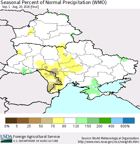 Ukraine, Moldova and Belarus Seasonal Percent of Normal Precipitation (WMO) Thematic Map For 9/1/2019 - 8/20/2020