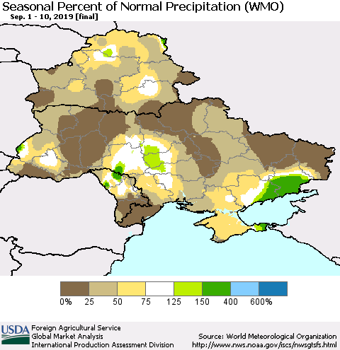 Ukraine, Moldova and Belarus Seasonal Percent of Normal Precipitation (WMO) Thematic Map For 9/1/2019 - 9/10/2019