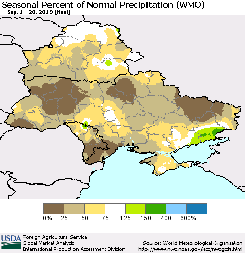 Ukraine, Moldova and Belarus Seasonal Percent of Normal Precipitation (WMO) Thematic Map For 9/1/2019 - 9/20/2019