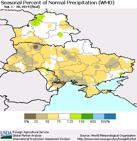 Ukraine, Moldova and Belarus Seasonal Percent of Normal Precipitation (WMO) Thematic Map For 9/1/2019 - 9/30/2019