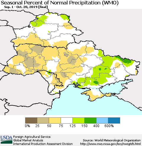 Ukraine, Moldova and Belarus Seasonal Percent of Normal Precipitation (WMO) Thematic Map For 9/1/2019 - 10/20/2019