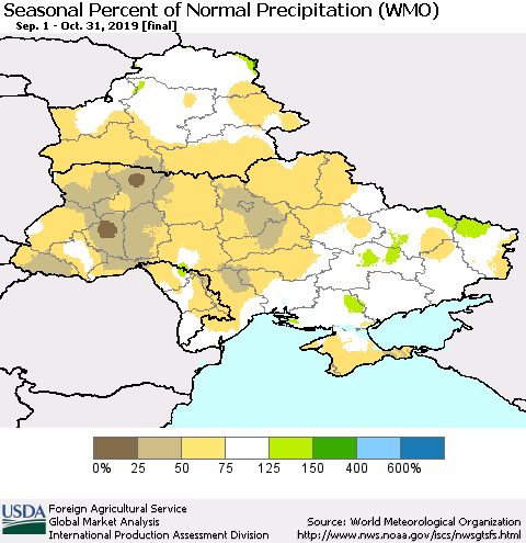 Ukraine, Moldova and Belarus Seasonal Percent of Normal Precipitation (WMO) Thematic Map For 9/1/2019 - 10/31/2019
