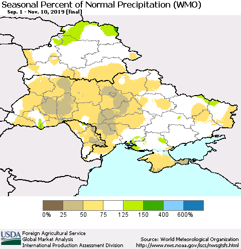 Ukraine, Moldova and Belarus Seasonal Percent of Normal Precipitation (WMO) Thematic Map For 9/1/2019 - 11/10/2019