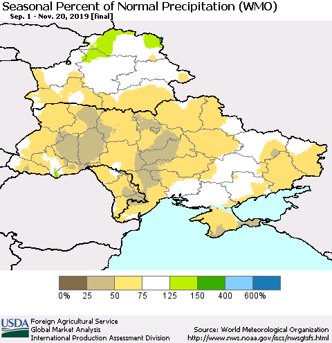 Ukraine, Moldova and Belarus Seasonal Percent of Normal Precipitation (WMO) Thematic Map For 9/1/2019 - 11/20/2019