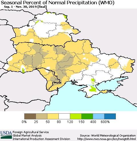 Ukraine, Moldova and Belarus Seasonal Percent of Normal Precipitation (WMO) Thematic Map For 9/1/2019 - 11/30/2019