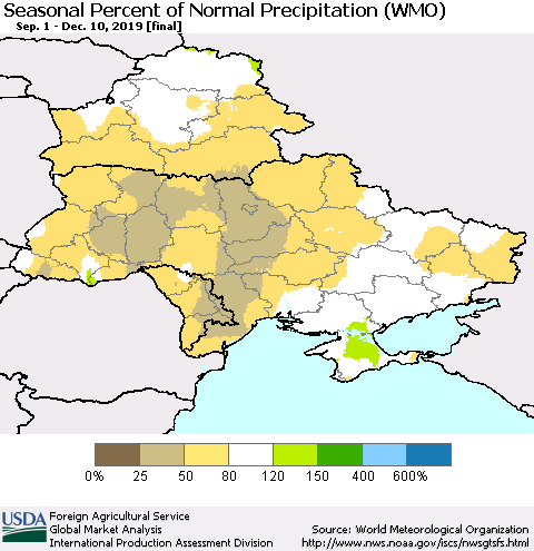 Ukraine, Moldova and Belarus Seasonal Percent of Normal Precipitation (WMO) Thematic Map For 9/1/2019 - 12/10/2019