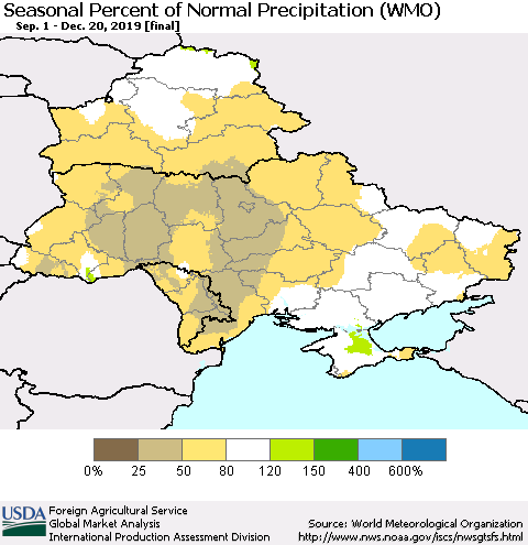 Ukraine, Moldova and Belarus Seasonal Percent of Normal Precipitation (WMO) Thematic Map For 9/1/2019 - 12/20/2019