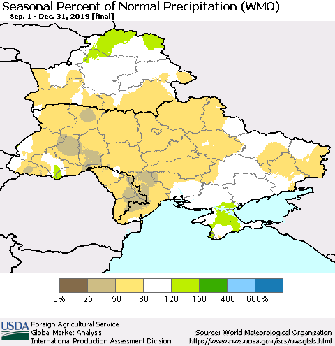 Ukraine, Moldova and Belarus Seasonal Percent of Normal Precipitation (WMO) Thematic Map For 9/1/2019 - 12/31/2019