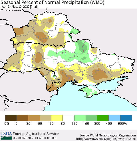 Ukraine, Moldova and Belarus Seasonal Percent of Normal Precipitation (WMO) Thematic Map For 4/1/2020 - 5/10/2020