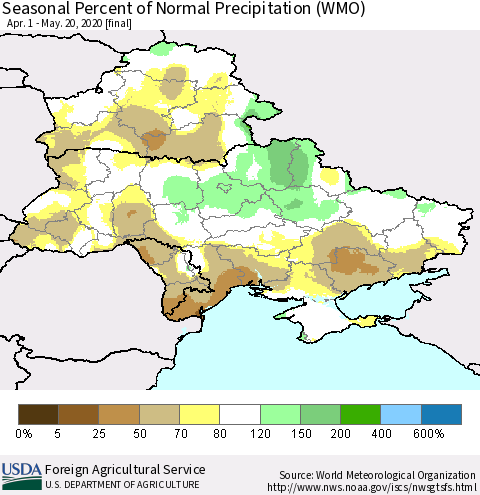 Ukraine, Moldova and Belarus Seasonal Percent of Normal Precipitation (WMO) Thematic Map For 4/1/2020 - 5/20/2020
