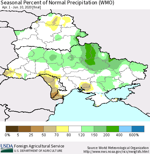 Ukraine, Moldova and Belarus Seasonal Percent of Normal Precipitation (WMO) Thematic Map For 4/1/2020 - 6/10/2020