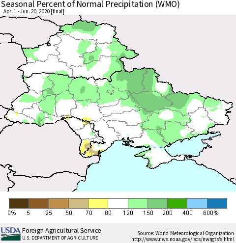 Ukraine, Moldova and Belarus Seasonal Percent of Normal Precipitation (WMO) Thematic Map For 4/1/2020 - 6/20/2020