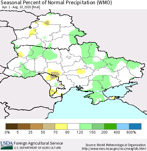 Ukraine, Moldova and Belarus Seasonal Percent of Normal Precipitation (WMO) Thematic Map For 4/1/2020 - 8/10/2020